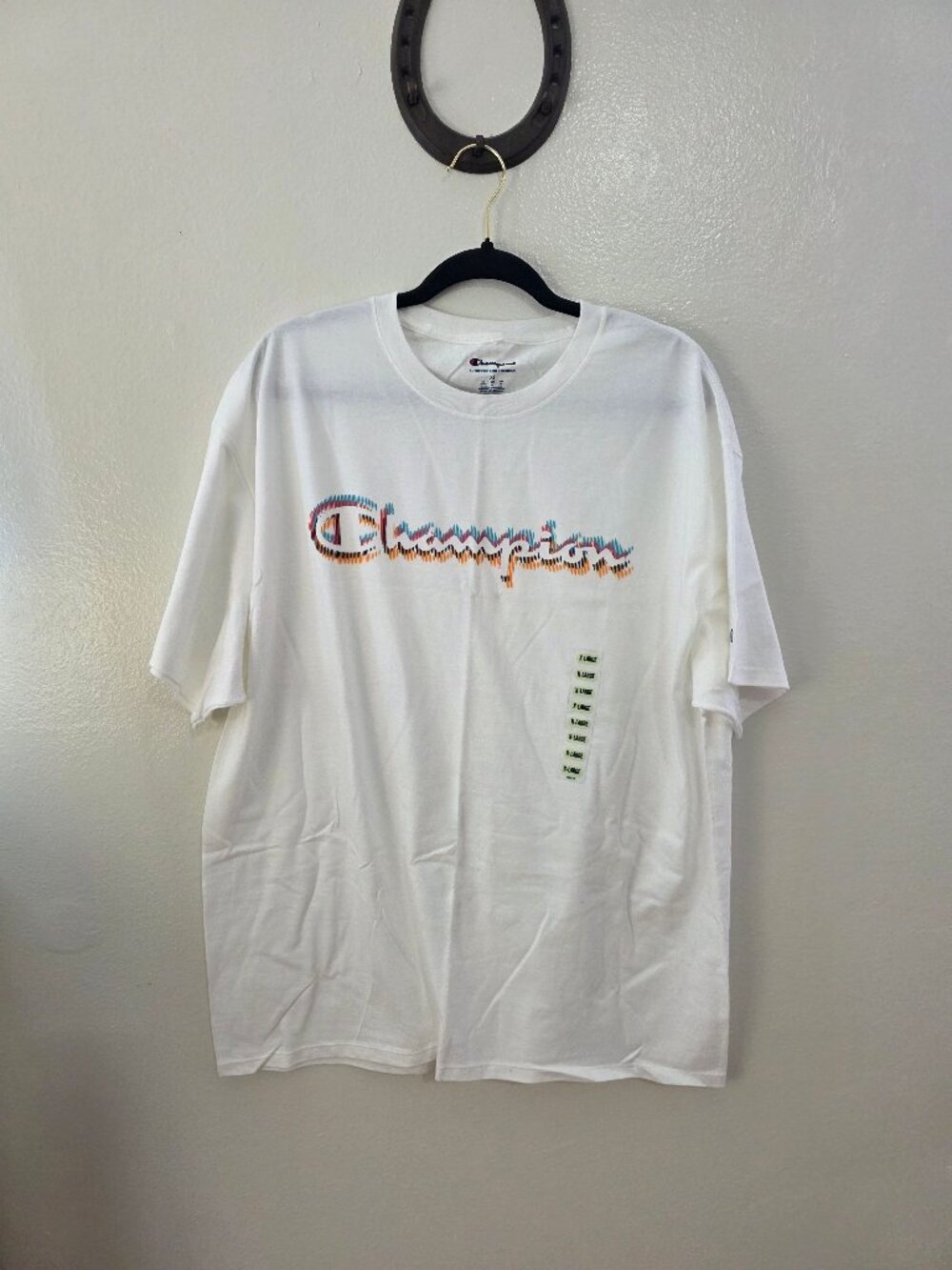 Champion Men's White Multi Color Script Logo T-Shirt NWT XL